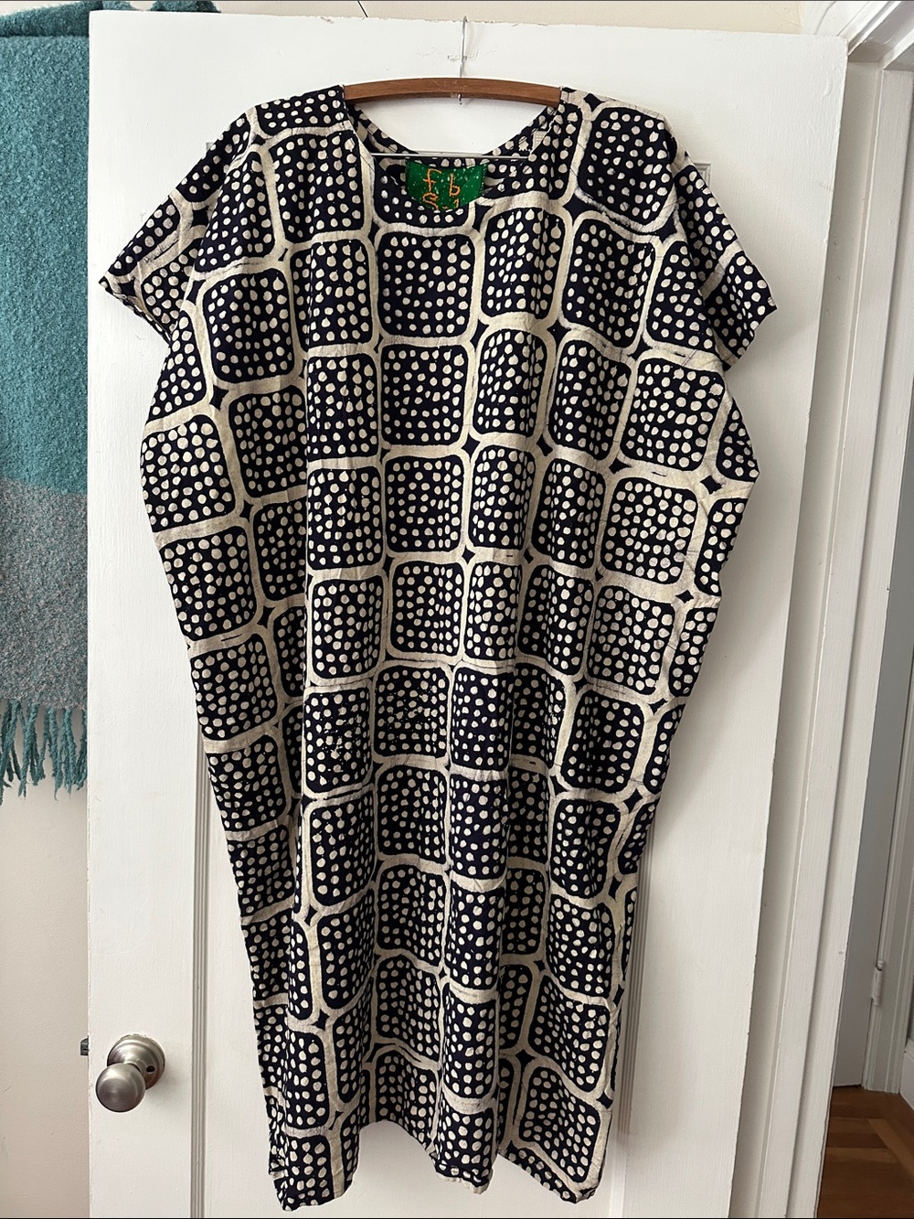 Fahari Bazaar Dark Blue and Cream Printed Kaftan Shift Dress Relaxed Style O/S